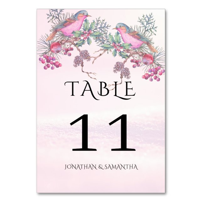 Birds & Berries Pinecone Watercolor Winter Wedding Table Number (Back)