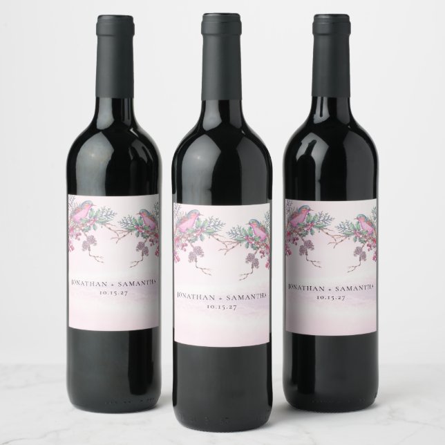 Birds & Berries Pinecone Watercolor Winter Wedding Wine Label (Bottles)