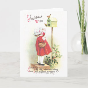 Birds, Birdhouse, Holly and Girl Vintage Christmas Holiday Card