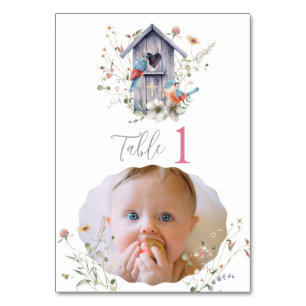 Birds & Birdhouse Wildflowers Photo Baptism Table Number
