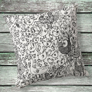 Birds Black and White Illustration Hand Drawn Art Cushion