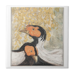 Birds Black Orange White Ceramic Tile