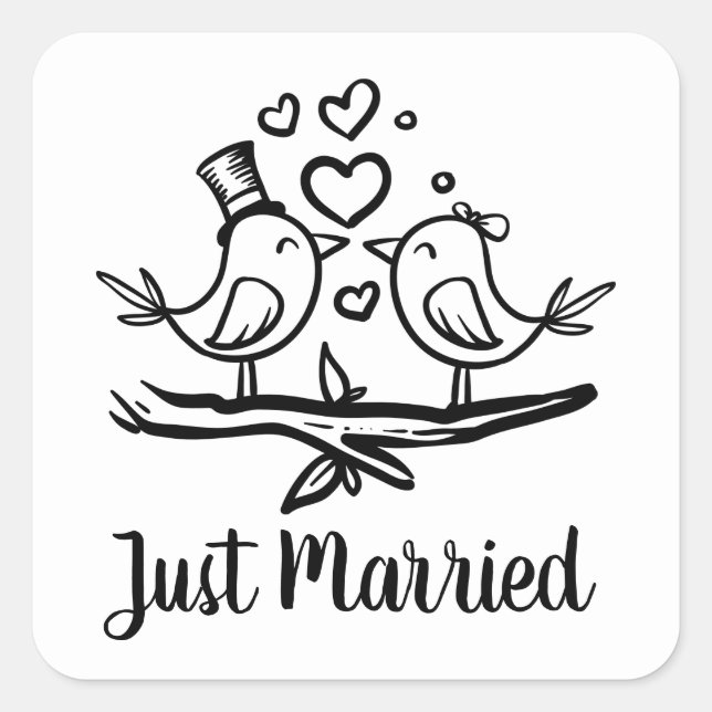 Birds Black White Lovebirds Wedding Just Married Square Sticker (Front)