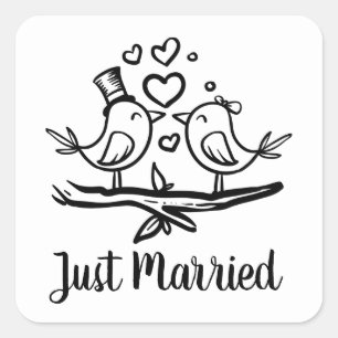 Birds Black White Lovebirds Wedding Just Married Square Sticker
