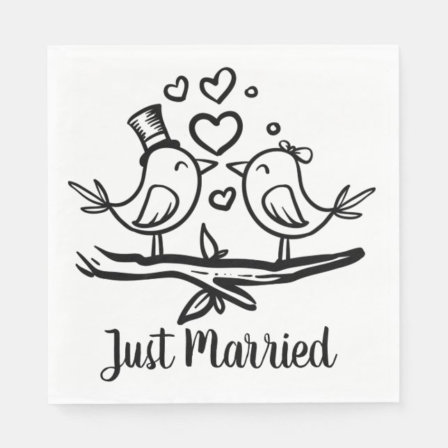 Birds Black White Wedding Lovebirds Just Married Napkin (Front)