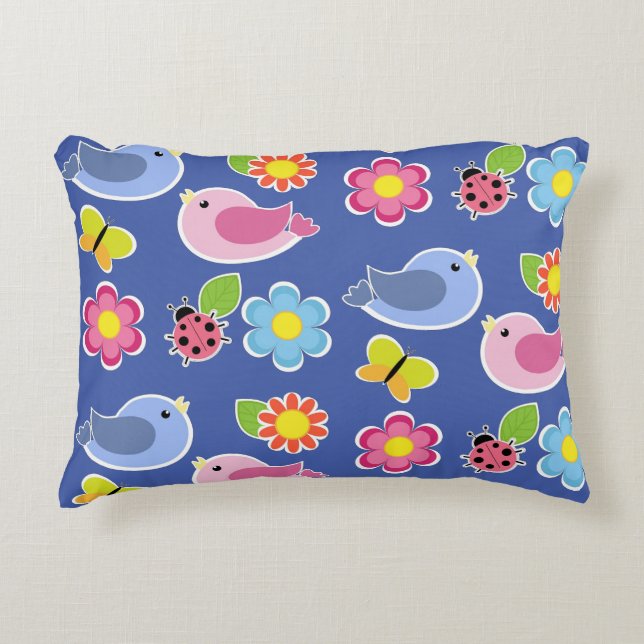 Birds, Butterflies and Ladybugs Flower Garden Blue Decorative Cushion (Front)