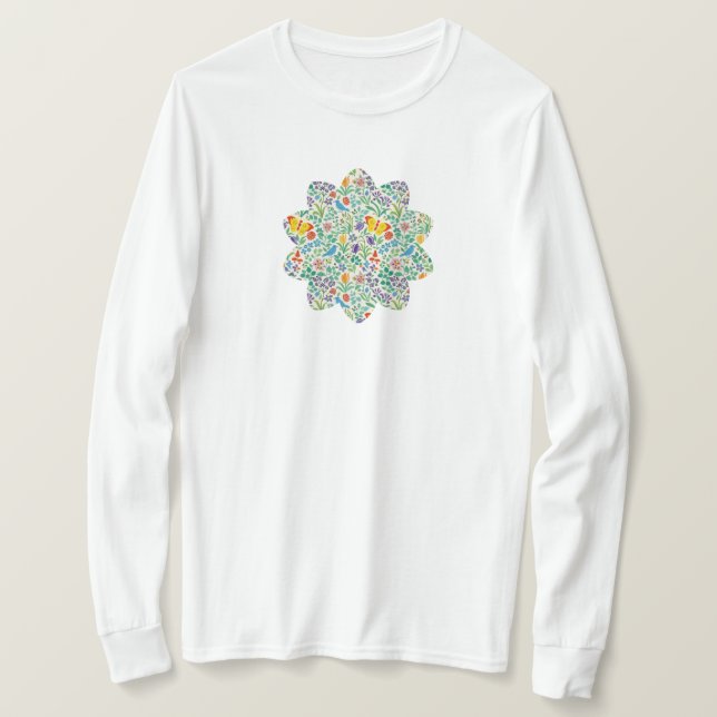 Birds, Butterflies & Wildflowers Pattern T-Shirt (Design Front)