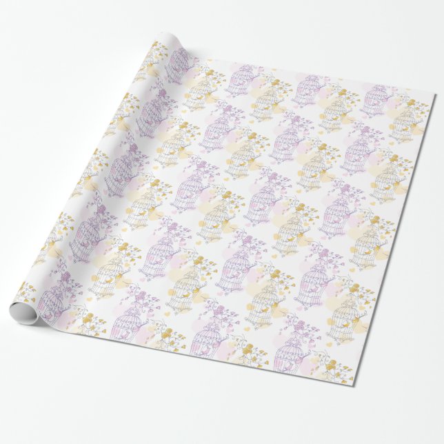 Birds cage purple pink yellow grey wedding wrap wrapping paper (Unrolled)