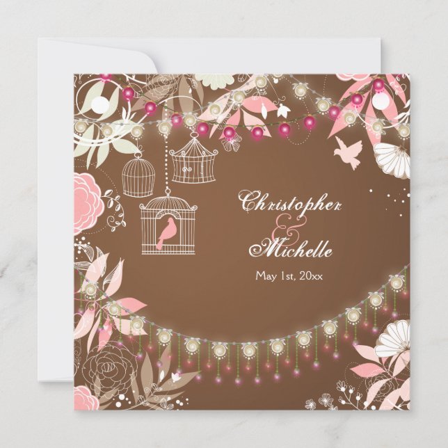Birds, Cages, Flower Garden Pink and Brown Wedding Invitation (Front)