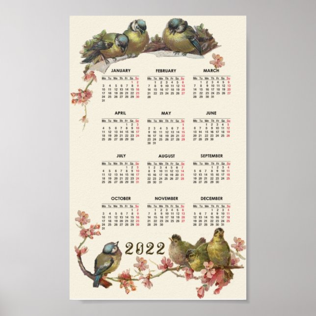 Birds calendar 2022 vintage poster (Front)