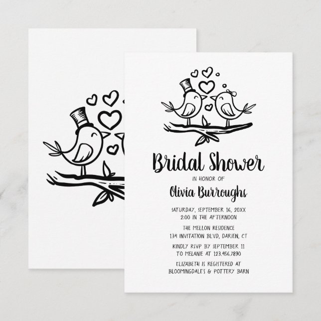 Birds Cartoon  Black White Lovebirds Bridal Shower Invitation (Front/Back)