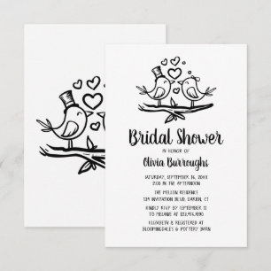 Birds Cartoon  Black White Lovebirds Bridal Shower Invitation