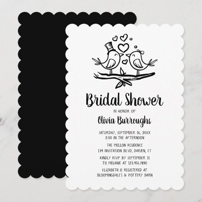 Birds Cartoon Lovebirds Black White Bridal Shower Invitation (Front/Back)
