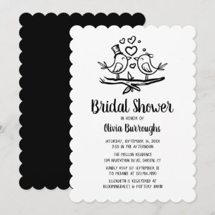 Birds Cartoon Lovebirds Black White Bridal Shower Invitation