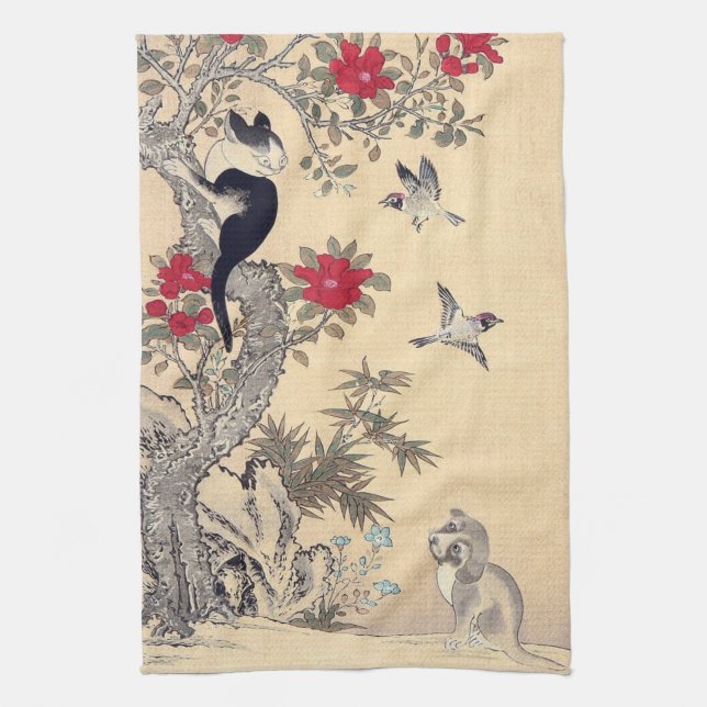 Birds, Cat and Dog, Itō Jakuchū Tea Towel (Vertical)