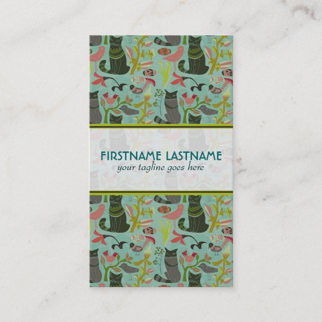 Birds Cats And Flowers Pastel Retro Pattern Business Card (Front)
