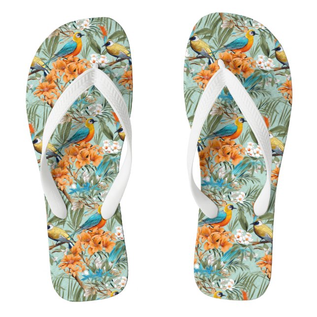 Birds Chinoiserie Mint Orange Flip Flops (Footbed)