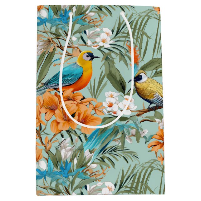 Birds Chinoiserie Mint Orange Medium Gift Bag (Front)