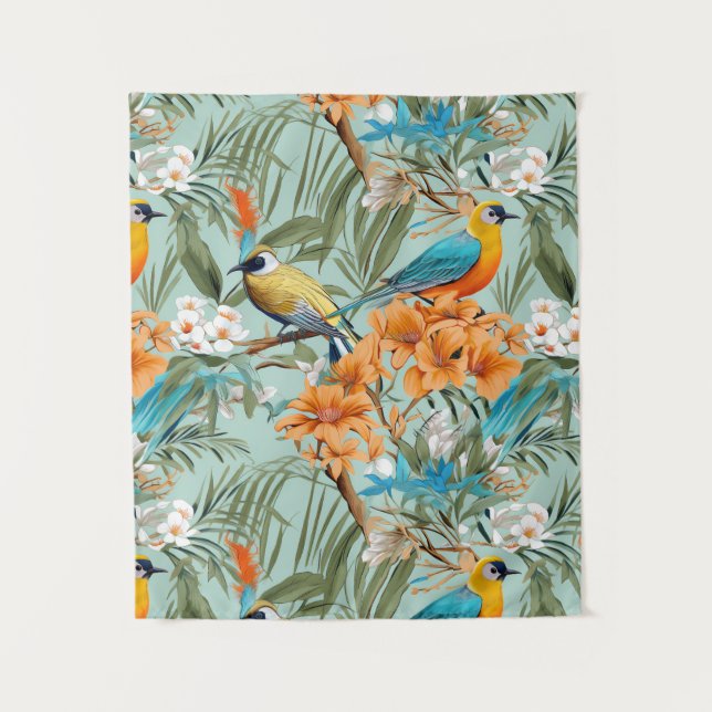 Birds Chinoiserie Mint Orange Tapestry (Front)