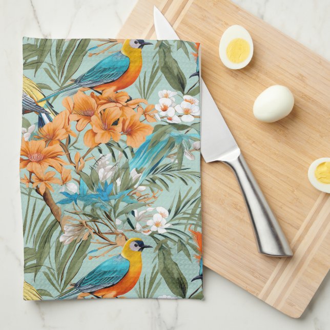 Birds Chinoiserie Mint Orange Tea Towel (Quarter Fold)