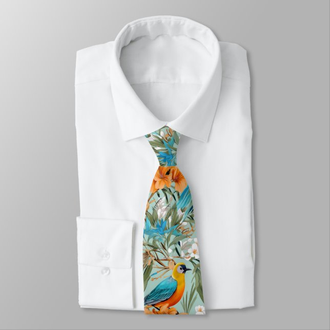 Birds Chinoiserie Mint Orange Tie (Tied)