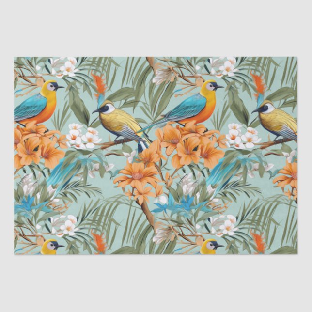 Birds Chinoiserie Mint Orange Tissue Paper (Front)