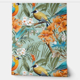 Birds Chinoiserie Mint Orange Wallpaper