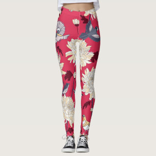 Birds & Chrysanthemums: Floral Vintage Leggings