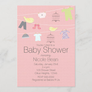 Birds & Clothes on a wire Baby Shower Invitations