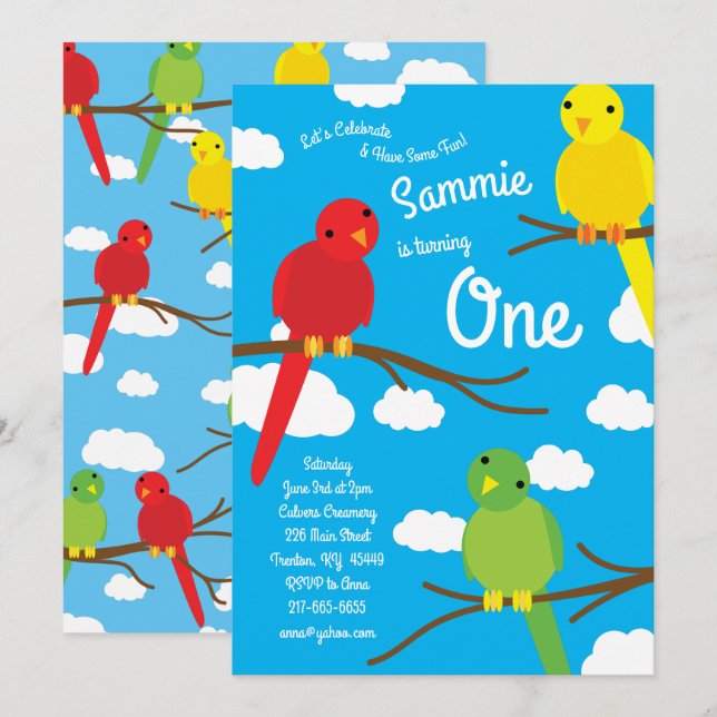 Birds Colourful 1st Birthday Invitations (Front/Back)