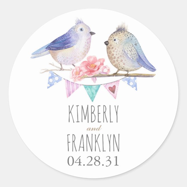 Birds Couple Cute Wedding Classic Round Sticker (Front)