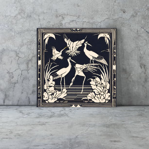 Birds Cranes Black and White Art Deco Nouveau Tile