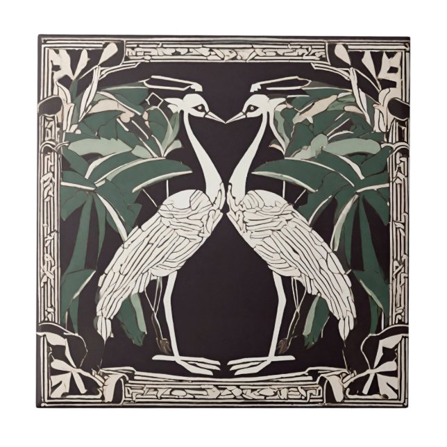 Birds Cranes Family Art Deco Nouveau Decorative Tile (Front)