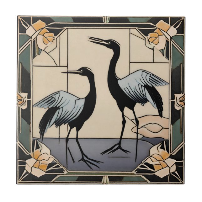 Birds Cranes Flowers Art Deco Nouveau Decorative Tile (Front)