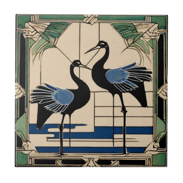 Birds Cranes in Lake Green Art Deco Art Nouveau Tile (Front)