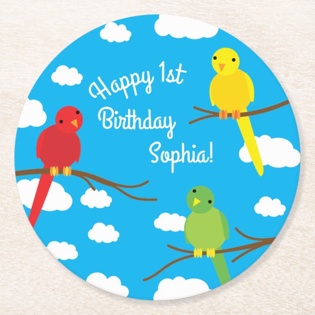 Birds Cute Colourful Spring 1st Birthday Round Paper Coaster (Front)