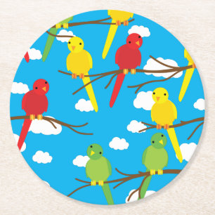 Birds Cute Colourful Spring 1st Birthday Round Paper Coaster