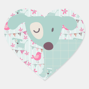 Birds, Dogs, Banners, Flowers Heart Sticker