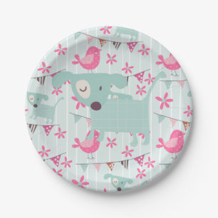 Birds, Dogs, Banners, Flowers Paper Plate