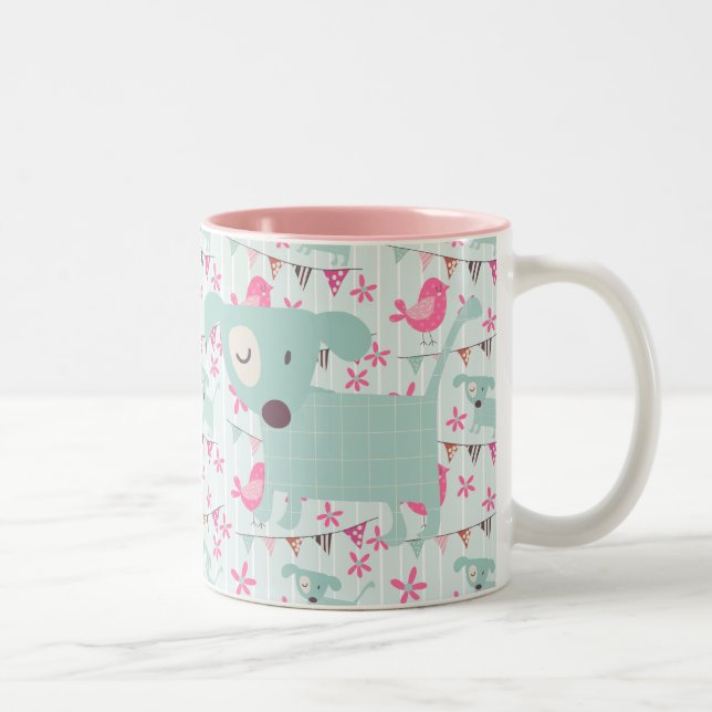 Birds, Dogs, Banners, Flowers Two-Tone Coffee Mug (Right)