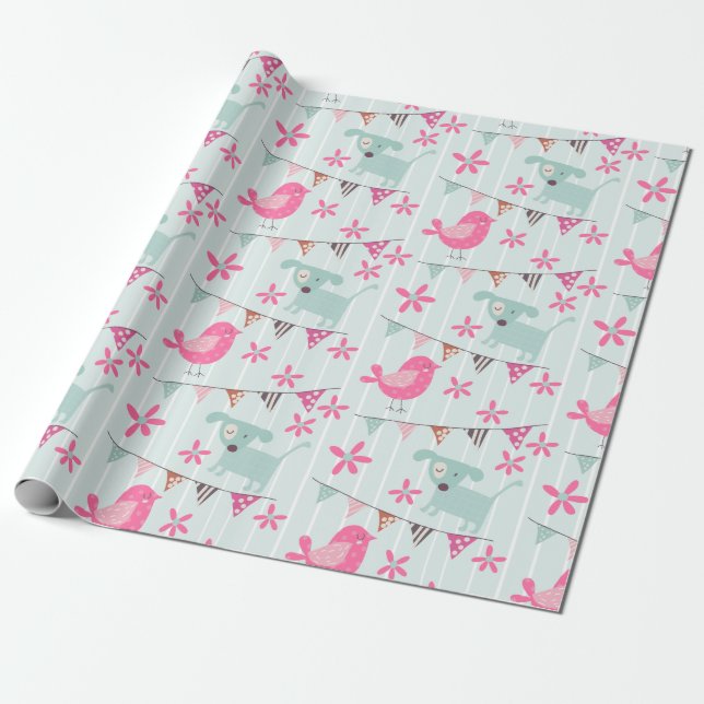 Birds, Dogs, Banners, Flowers Wrapping Paper (Unrolled)