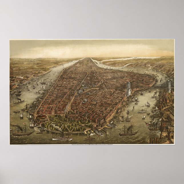 Bird's Eye Map of Manhattan New York City, 1873 Poster (Front)