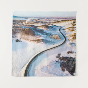 BIRD'S EYE PHOTOGRAPHY OF ROAD NEAR MOUNTAINS TAPESTRY