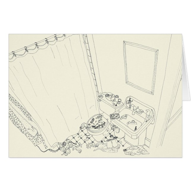 Birds Eye View Funny Family Bathroom Mess Drawing (Front Horizontal)