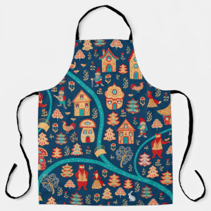 Bird's eye view. Houses,forest,dwarves,bears,foxes Apron