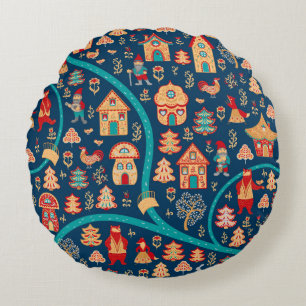 Bird's eye view. Houses,forest,dwarves,bears,foxes Round Cushion