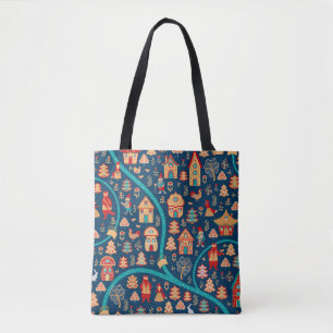 Bird's eye view. Houses,forest,dwarves,bears,foxes Tote Bag