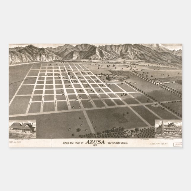 Bird's Eye View of Azusa, California (1887) Rectangular Sticker (Front)