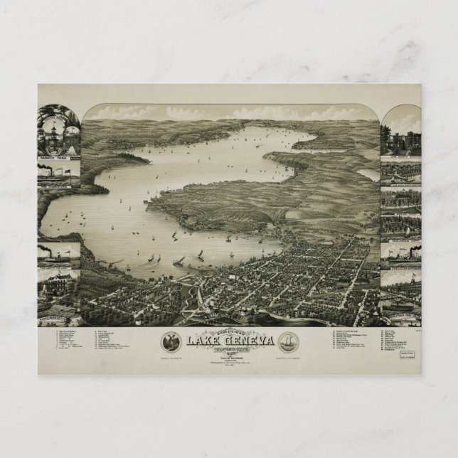 Bird's eye view of Lake Geneva, Wisconsin (1882) Postcard (Front)