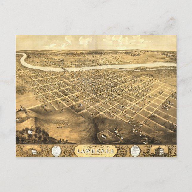 Bird's Eye View of Lawrence, Kansas (1869) Postcard (Front)